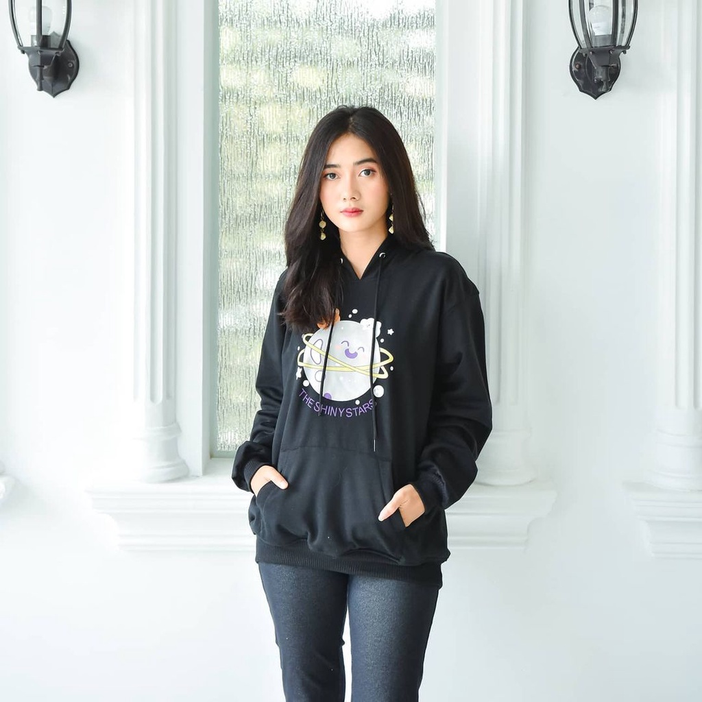 THE SHINY STARS Sweater Hoodie Wanita Bahan Fleece-Hitam