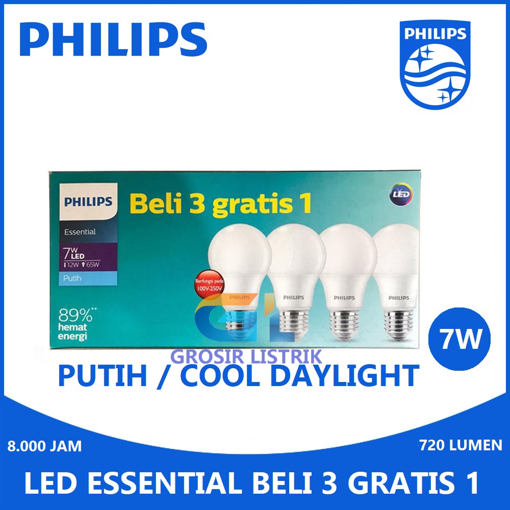 Lampu Philips LED Essential Multipack 7W Putih (Paket 7 W Watt Beli 3 Gratis 1) Bundling Ess 7Watt