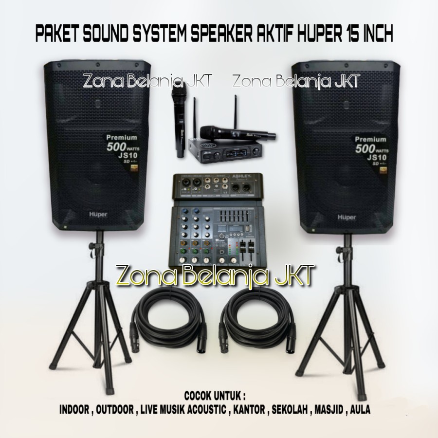 PAKET SOUND SYSTEM SPEAKER HUPER 15 INCH JS10 MIXER ASHLEY 4 CHANNEL USB BLUETOOTH MIC WIRELESS UNTUK LIVE MUSIK INDOOR OUTDOOR ORIGINAL ( HM-3 )