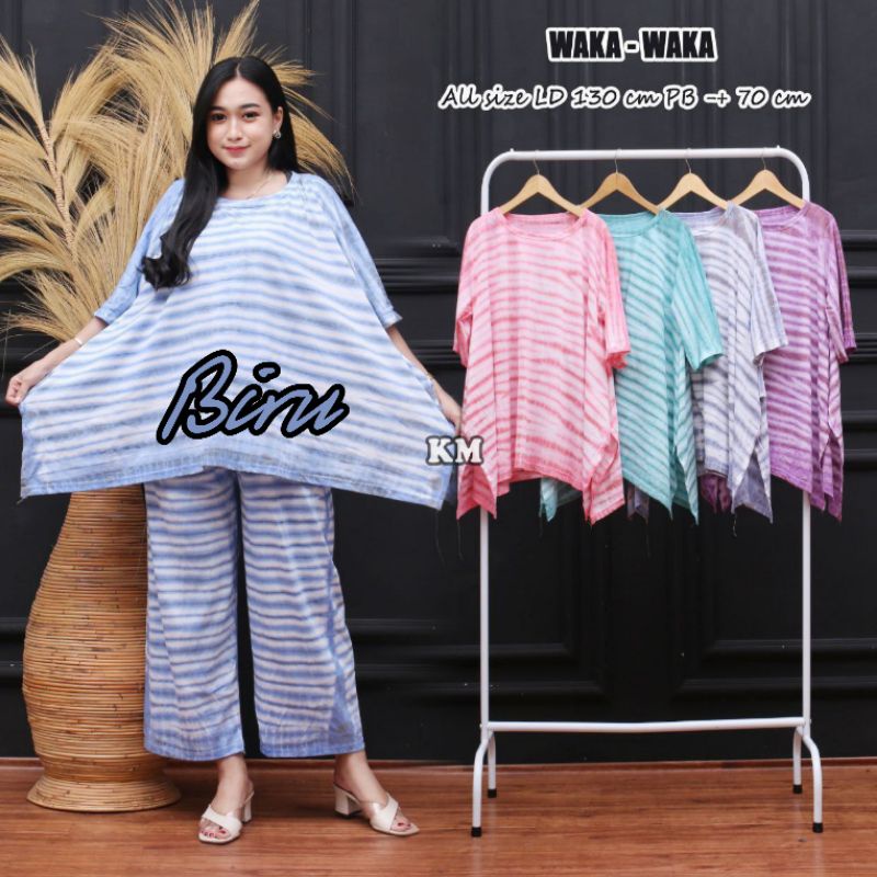 One Set Kaos Jumbo Model Waka Motif Tiedye Setelan Wanita Celana Panjang Kekinian