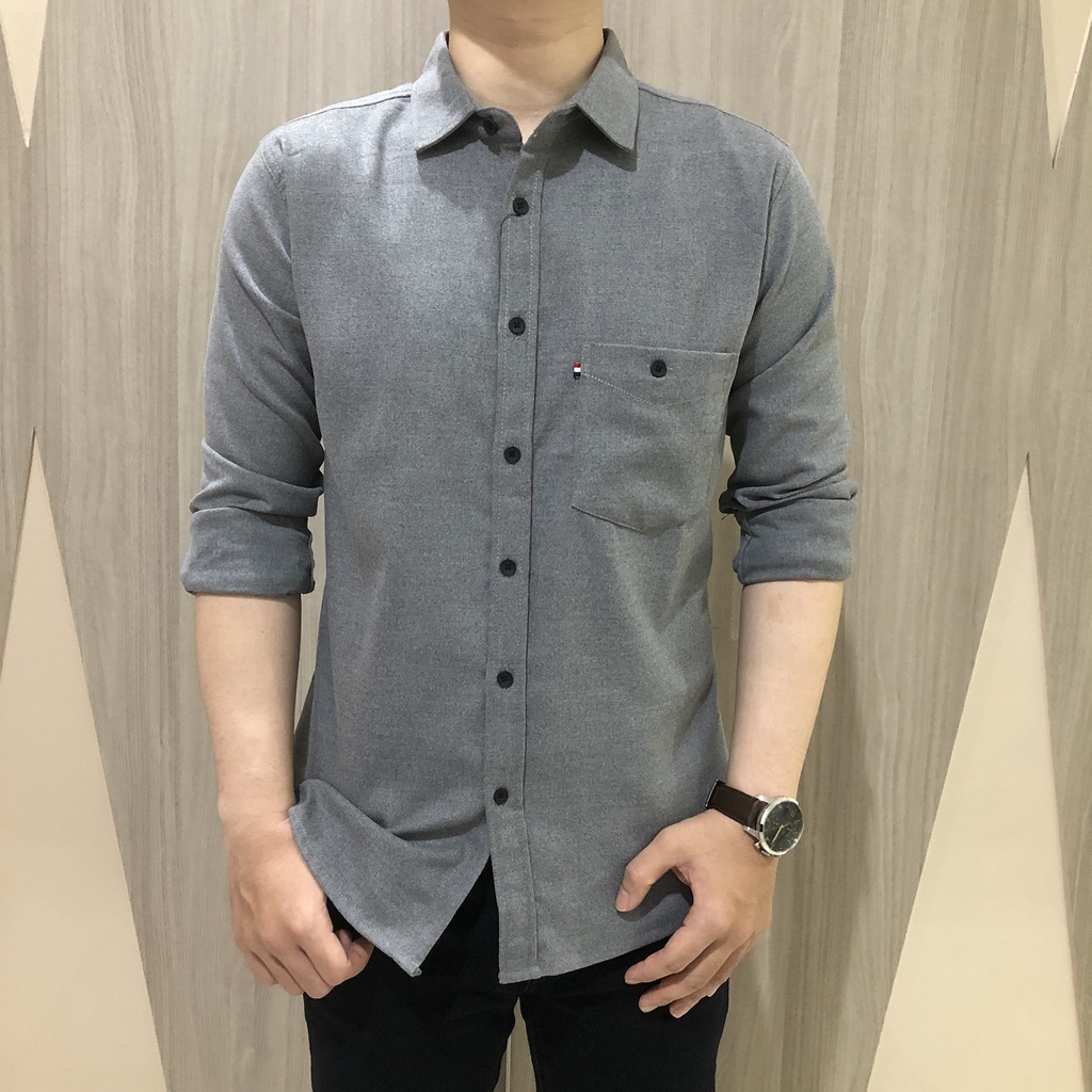 [GRIDLINE - LS053 Flanel Black, Navy, Light Grey, Dark Grey] Kemeja Flanel Polos Slimfit Pria Panjang Keren Premium Simpel Elegan