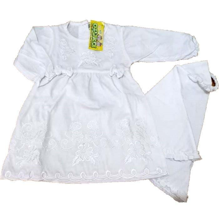 Gamis Dress dg Jilbab Putih Polos Baju Muslim Bayi Perempuan Cewek 3 - 9 Bulan Ozuka Bahan Katun