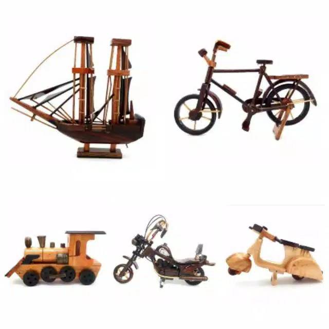 PAKET HEMAT ISI 5 MINIATUR SEPEDA KAPAL HARLEY VESPA KERETA BAHAN KAYU