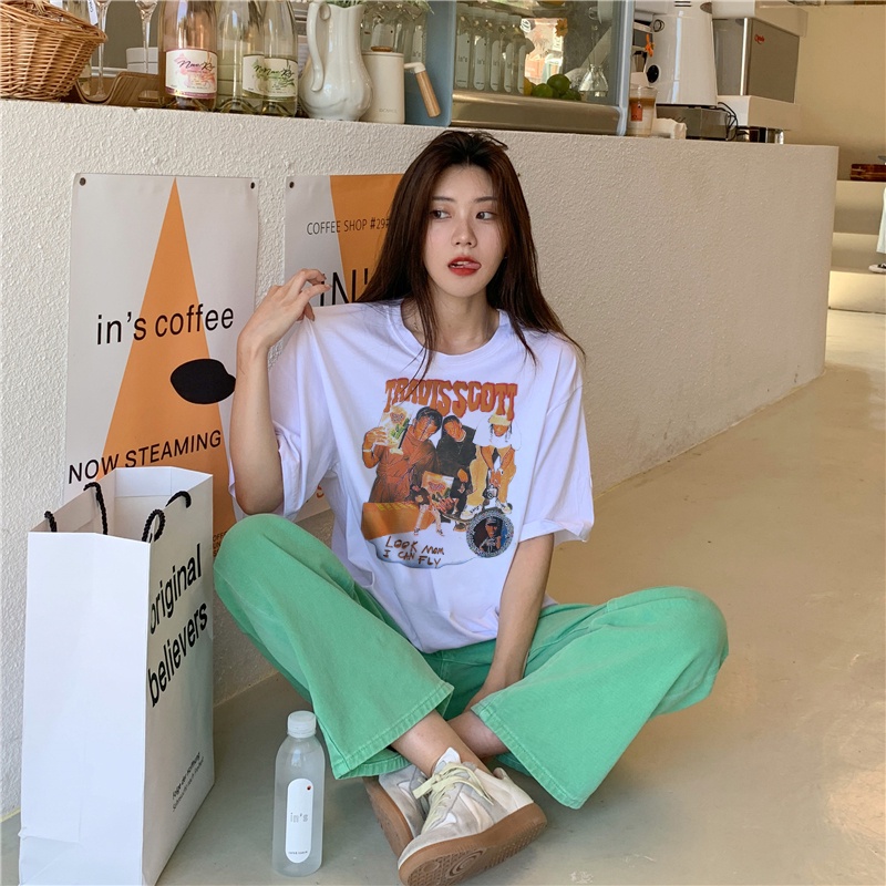 korean style Vintage Print T-shirt /atasan warna putih/kaos atasan wanita/Printed T-shirt