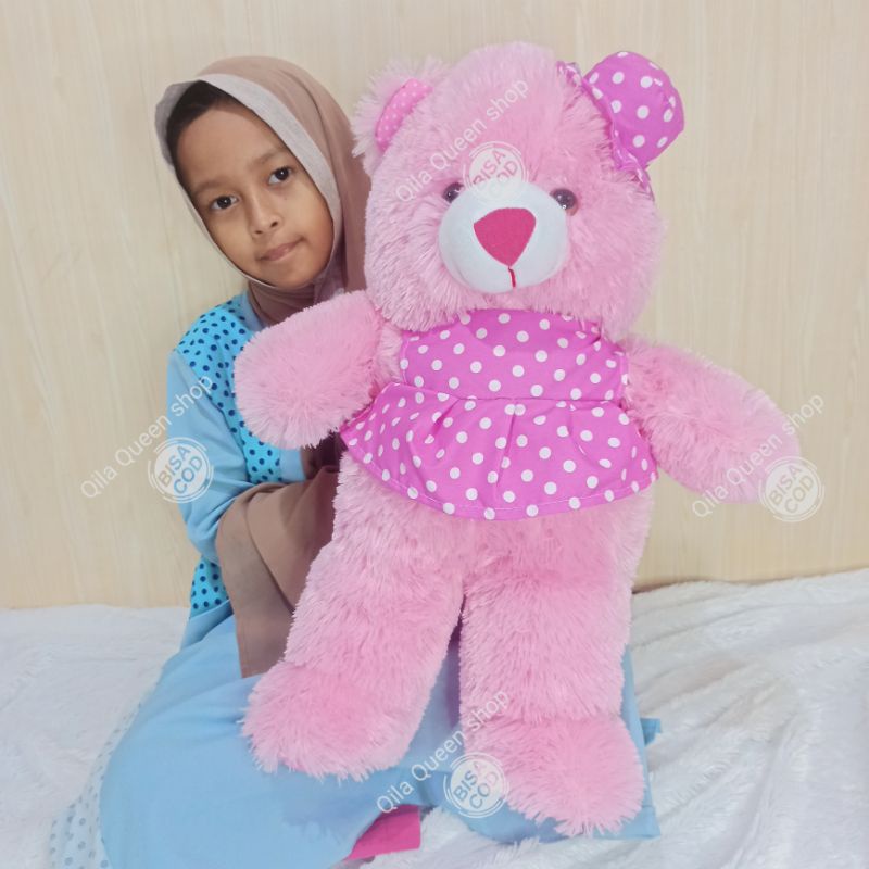 Boneka Teddy bear topi baju polkadot TANGGUNG 60cm