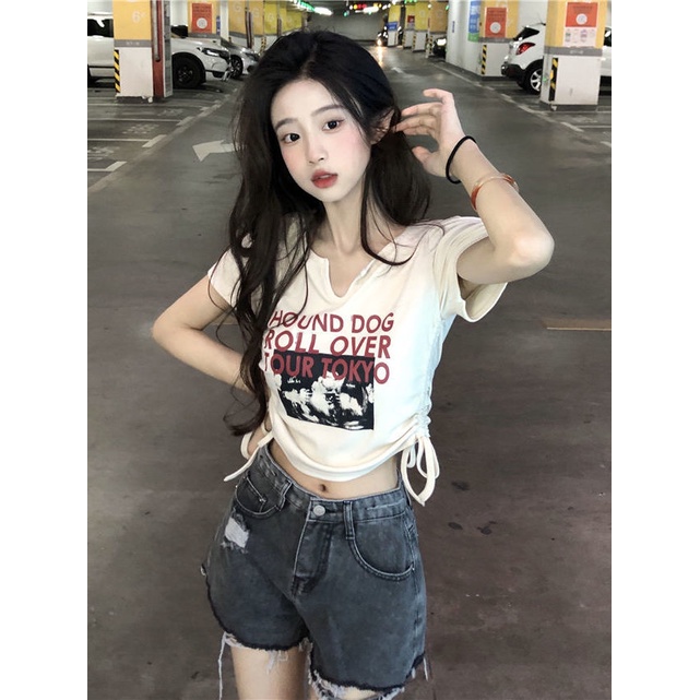 Suhao Pure Desire Pusar Pendek V-Neck T-Shirt Musim Panas Baru Chic Manis Spice Girl Bahu Depan Slim Serut Lengan Pendek Top Wanita