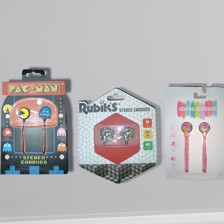 HEADSET / EARPHONE / HANSFREE STEREO EARBUDS CORAK KARTUN GAME PAC-MAN RUBBIKS DAN NANAS