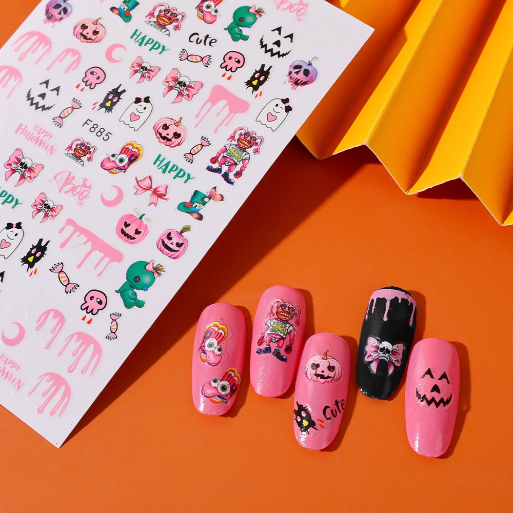 Stiker Kuku 3D Motif Labu Halloween Untuk Dekorasi Manicure