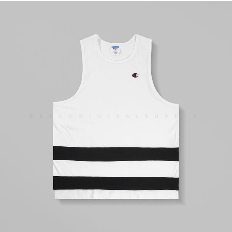 CHMPN Basket Tank Small Logo  Embroidery White 2 Striped