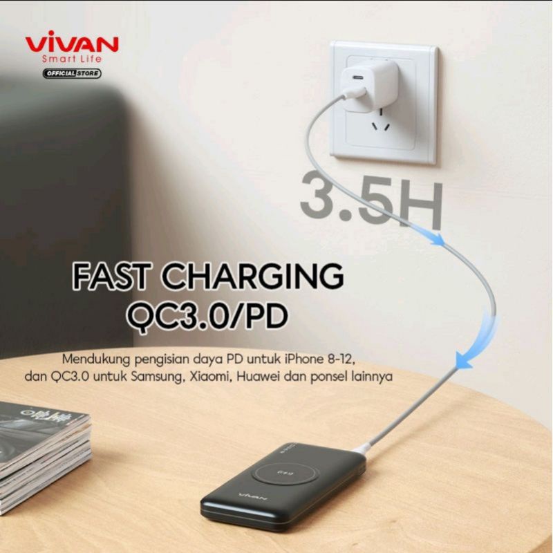 POWERBANK 10000mAH QUICK CHARGER WIRELESS CHARGING VIVAN VPB-W11