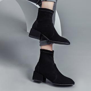  Sepatu  Boots Ankle Mid Block Heels resleting Samping Ala 