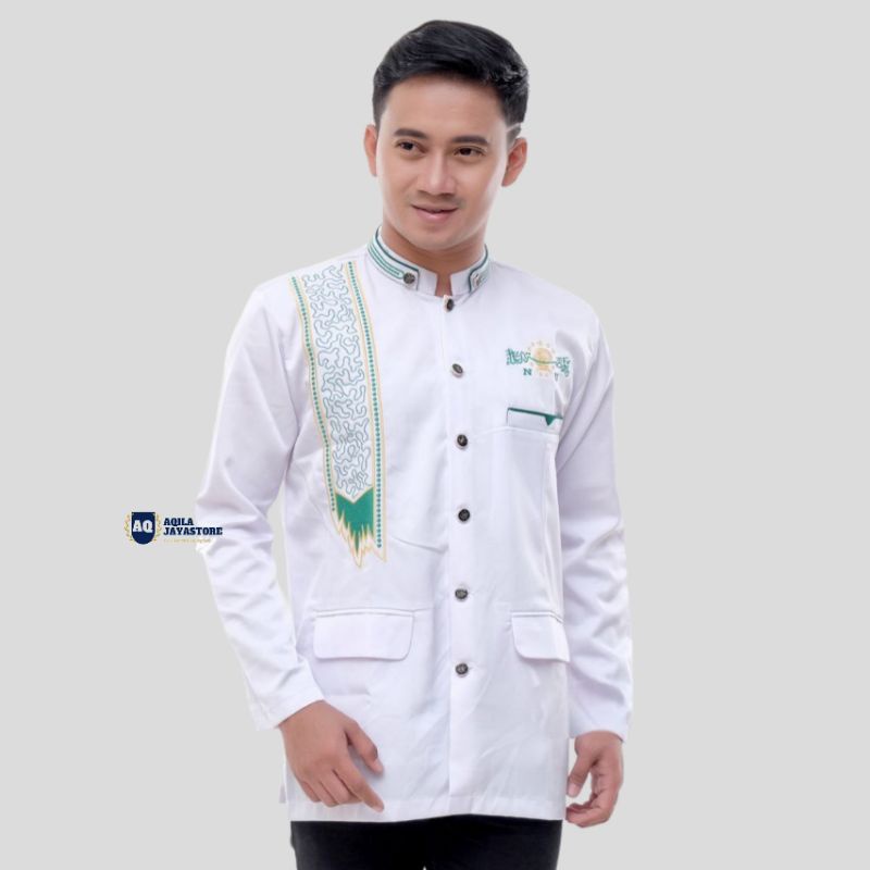 Jasko Bordir Lengan Panjang Pria Dewasa Motif Slendang Nu Warna Putih | Baju Koko Lengan Panjang | J