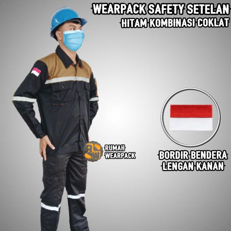 Setelan Wearpack Safety dan Celana Safety Warna Hitam Kombinasi Coklat Mocca