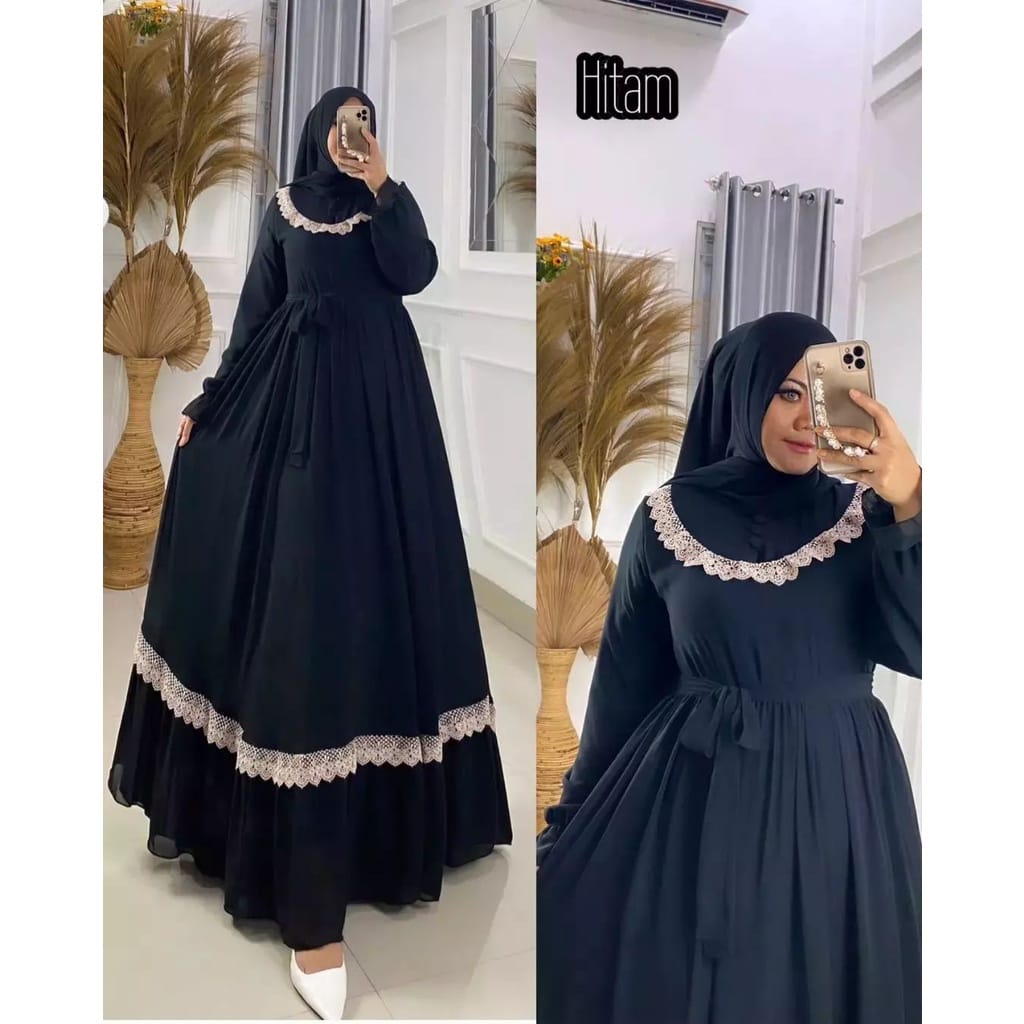 Busana Muslim Wanita Terbaru Cantika Dress Kondangan Baju Wanita Jumbo Gamis Ceruty Babydoll Aksen Renda