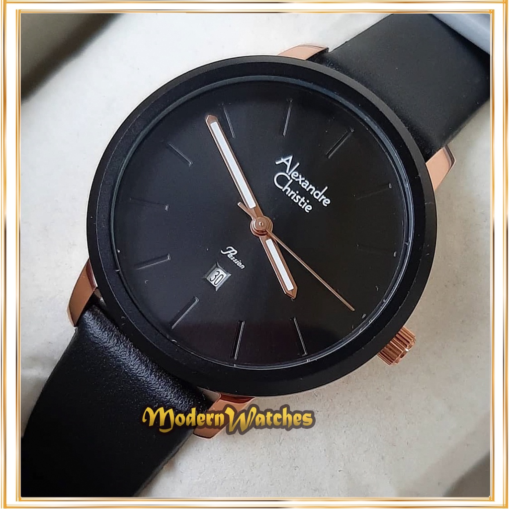 Jam Tangan Ori Wanita Terbaru Alexandre Christie AC 2954 Black Rosegold Hitam Jam Tali Kulit Alexand