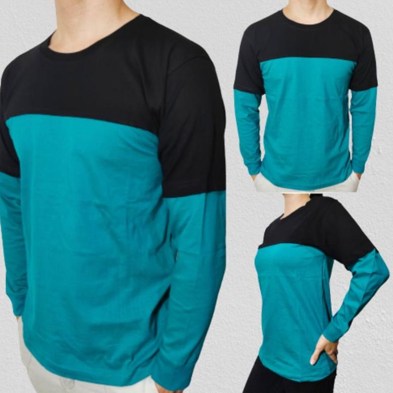 ✱Terbaru❆↔ Kaos Polos Kombinasi Longskate Pria Wanita Lengan Sambung Panjang rib size M L XL XXL Q94
