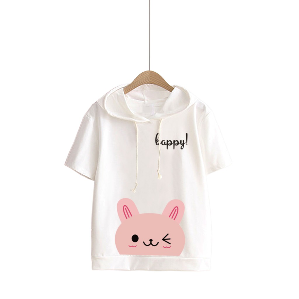 Bess - Sweater Hoodie Crop Lengan Pendek HAPPY CAT