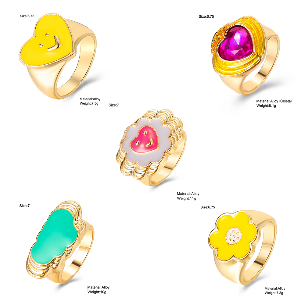 5pcs / Set Cincin Motif Kartun Aksen Kristal Warna-Warni Untuk Wanita