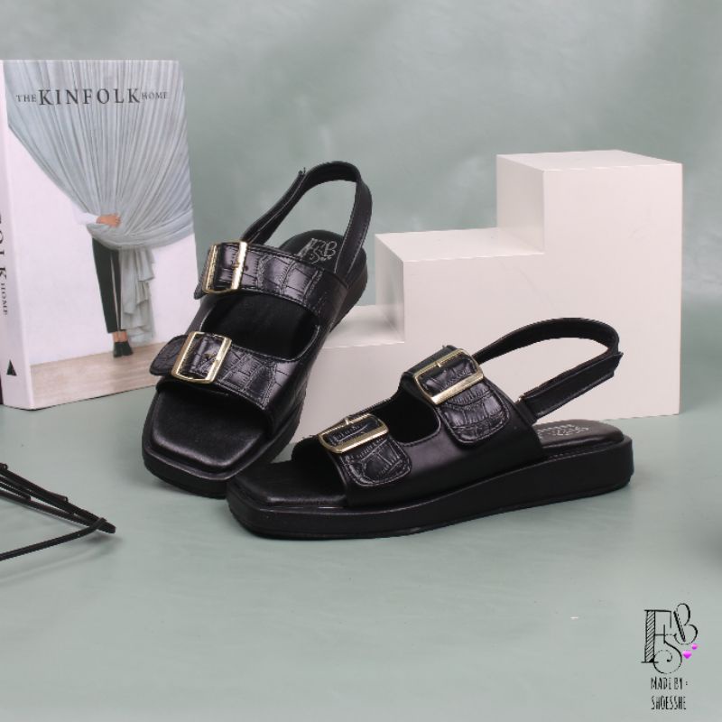 Fsb - Gania Croco Black Sendal Tali Wanita Platform