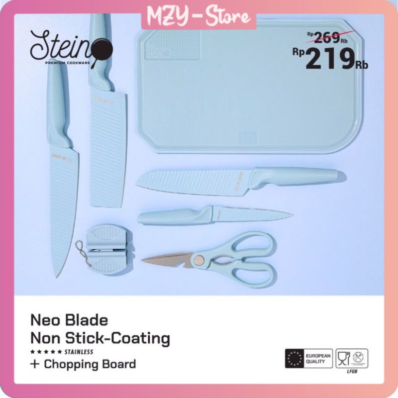 (Voucher Diskon 20 RB + Free Bubble) Stein Steincookware Pisau Neo Blade Cutting Board 7 in 1 Talenan Set Stein Pisau Biru Pisau Stein Neoblade Set Original