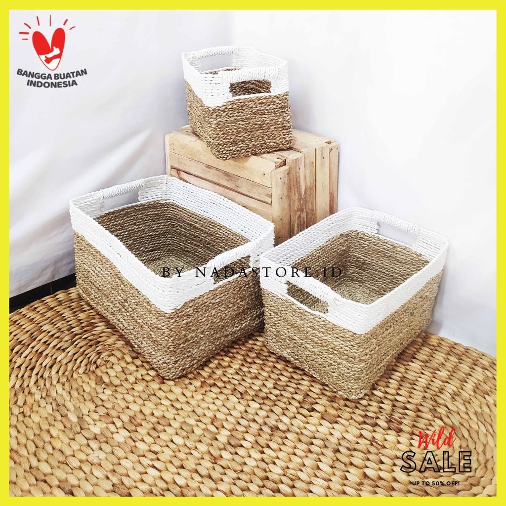 KERANJANG SEAGRASS / BOX SEAGRASS HANDLE NATURAL PUTIH / STORAGE BOX MULTIFUNGTION / HAMPERS BOX / KOTAK KADO