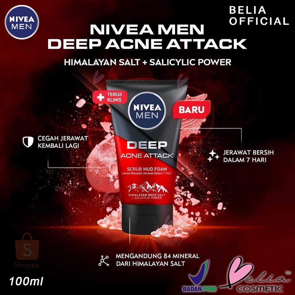 ❤ BELIA ❤ NIVEA MEN Deep Acne Attack 100ml | Scrub Mud Foam | Facial Wash | Facial Foam | BPOM