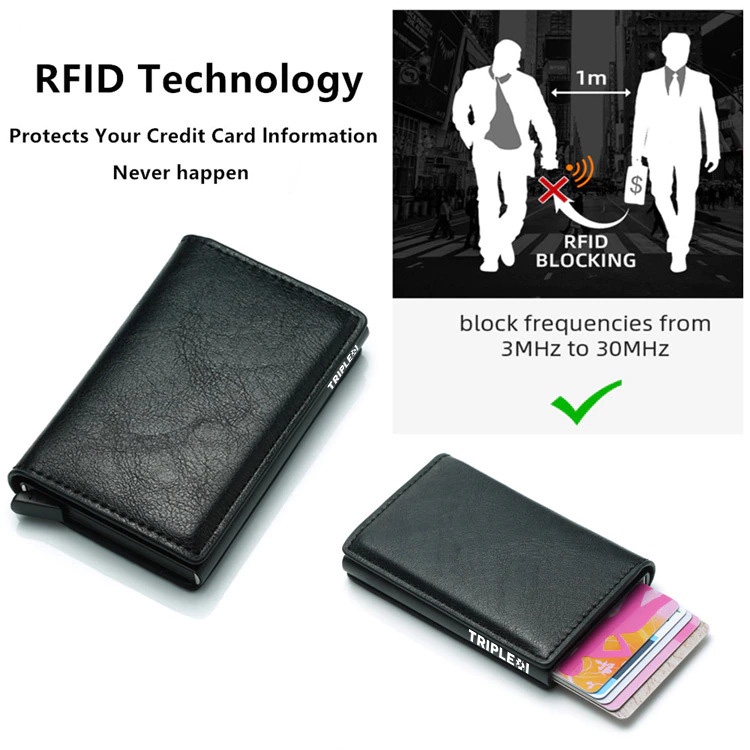 TRIPLEDI Dompet Kartu Lontar Anti Scan RFID Block Auto Pop Up Card Holder ATM KTP STNK NPWP Case Aluminium Leather