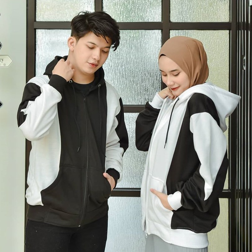 JAKET HOODIE COUPLE KOMBINASI WARNA HITAM  PUTIH HARGA 