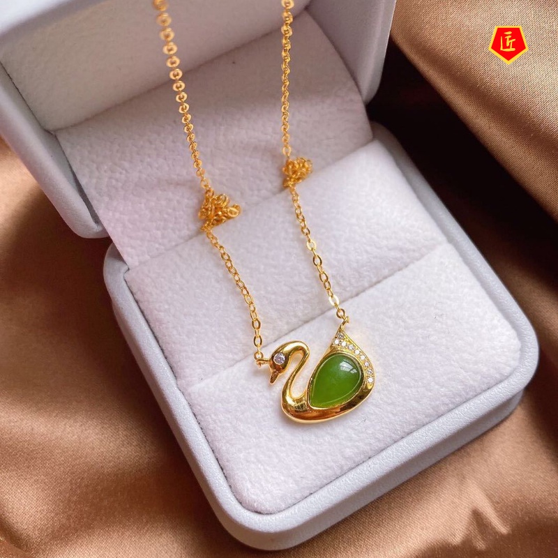 [Ready Stock]Swan-Shaped Hetian Jade Golden Pendant Necklace for Women Elegant All-Match