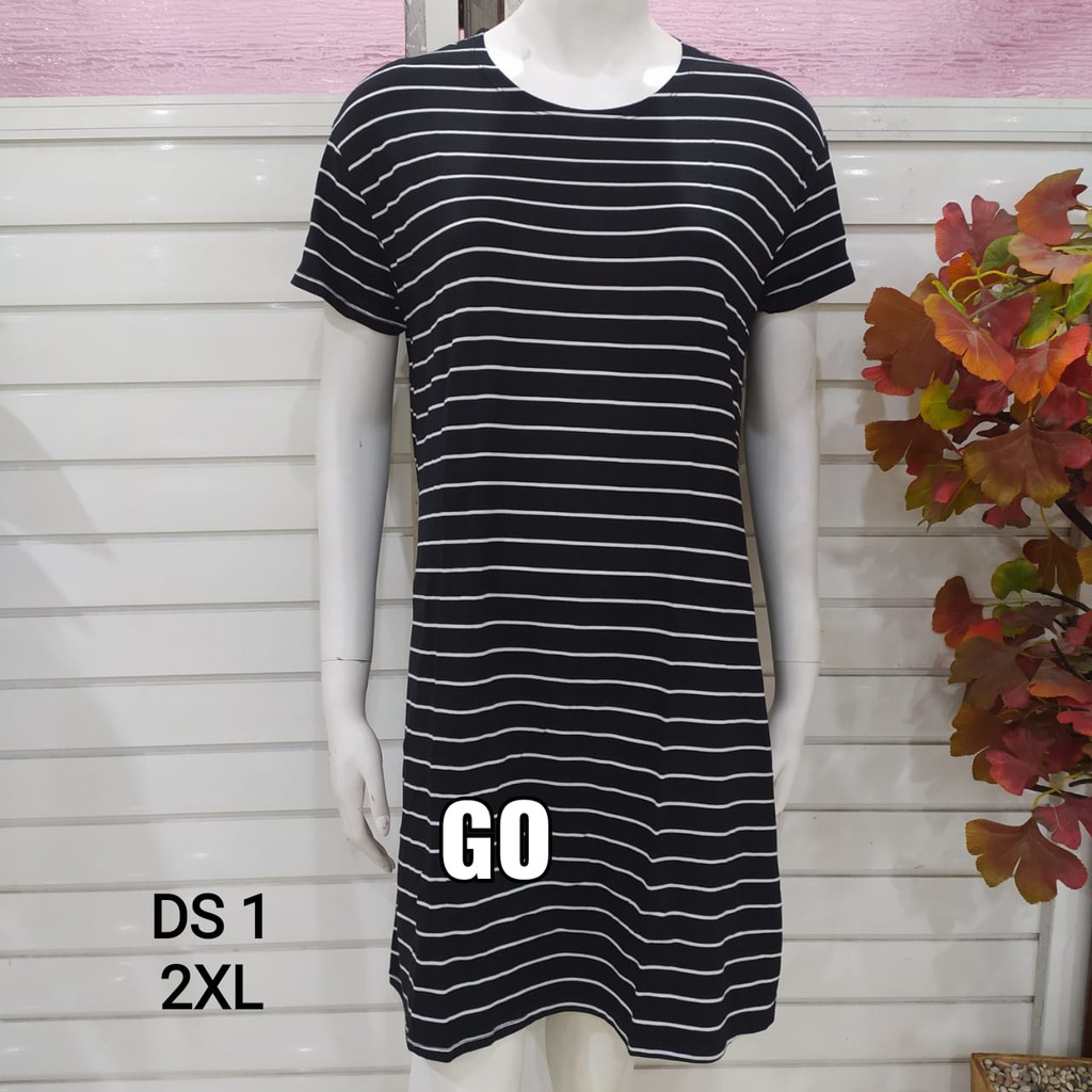 gof DS LMN DRESS/DASTER Wanita Casual Motif Salur Hitam Putih Pakaian Perempuan Lengan Pendek