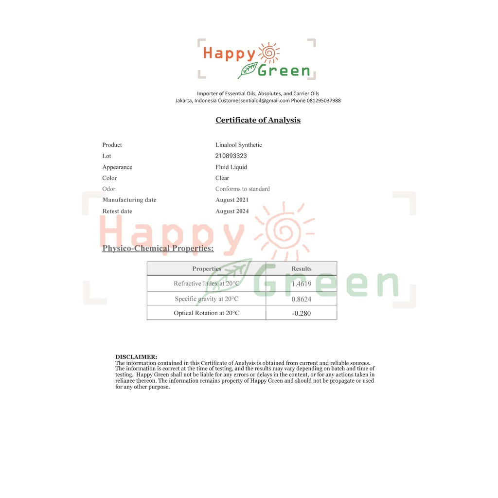 Happy Green Linalool Oil - Perfume Cosmetic Grade