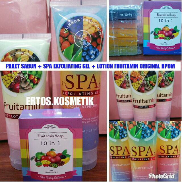 PAKET LENGKAP SABUN + SPA EXFOLIATING GEL + LOTION FRUITAMIN ORIGINAL BPOM PEMUTIH KULIT TUBUH