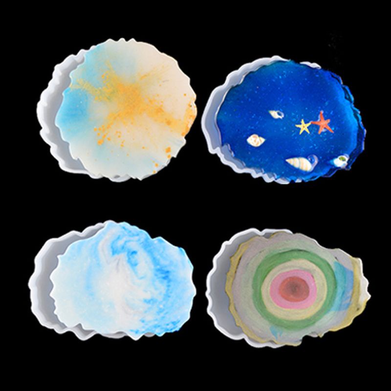 SIY  4Pcs Irregular Wave Shape Silicone Geode Coaster Resin Molds with Foil Flakes