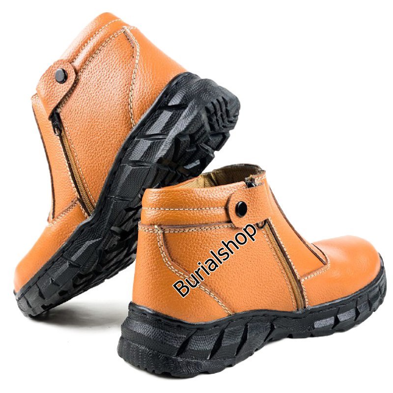 Sepatu Safety Pria Kulit Sapi Asli Original Ujung Besi Baja Safty Shoes Septi Proyek Sefty Lapangan Industry Tanpa Tali Slop Selop Spatu Kitchen Zipper Boots BS