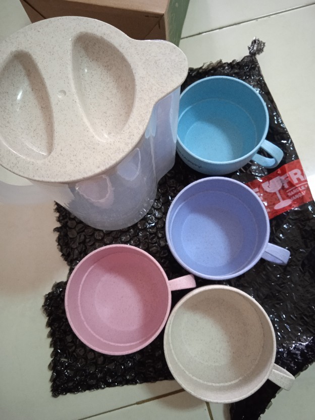 Teko Set 4 Pcs Gelas Pastel Dengan Gagang Cangkir Mug Wheat Fiber High Quality Food Grade