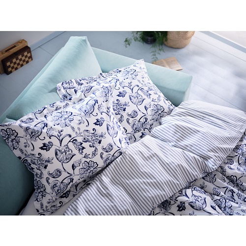 JUNIMAGNOLIA Duvet cover 240x220 cm dan 2 sarung bantal 50x80 cm, putih biru tua