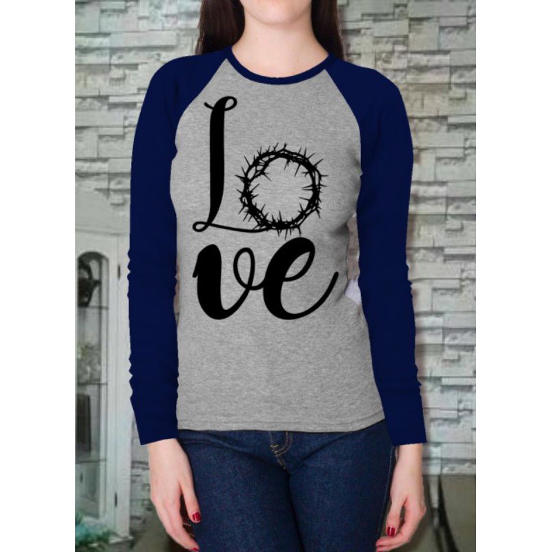 Kaos Cewek(Love)/Kaos Raglan Cewek/Baju Lengan Panjang