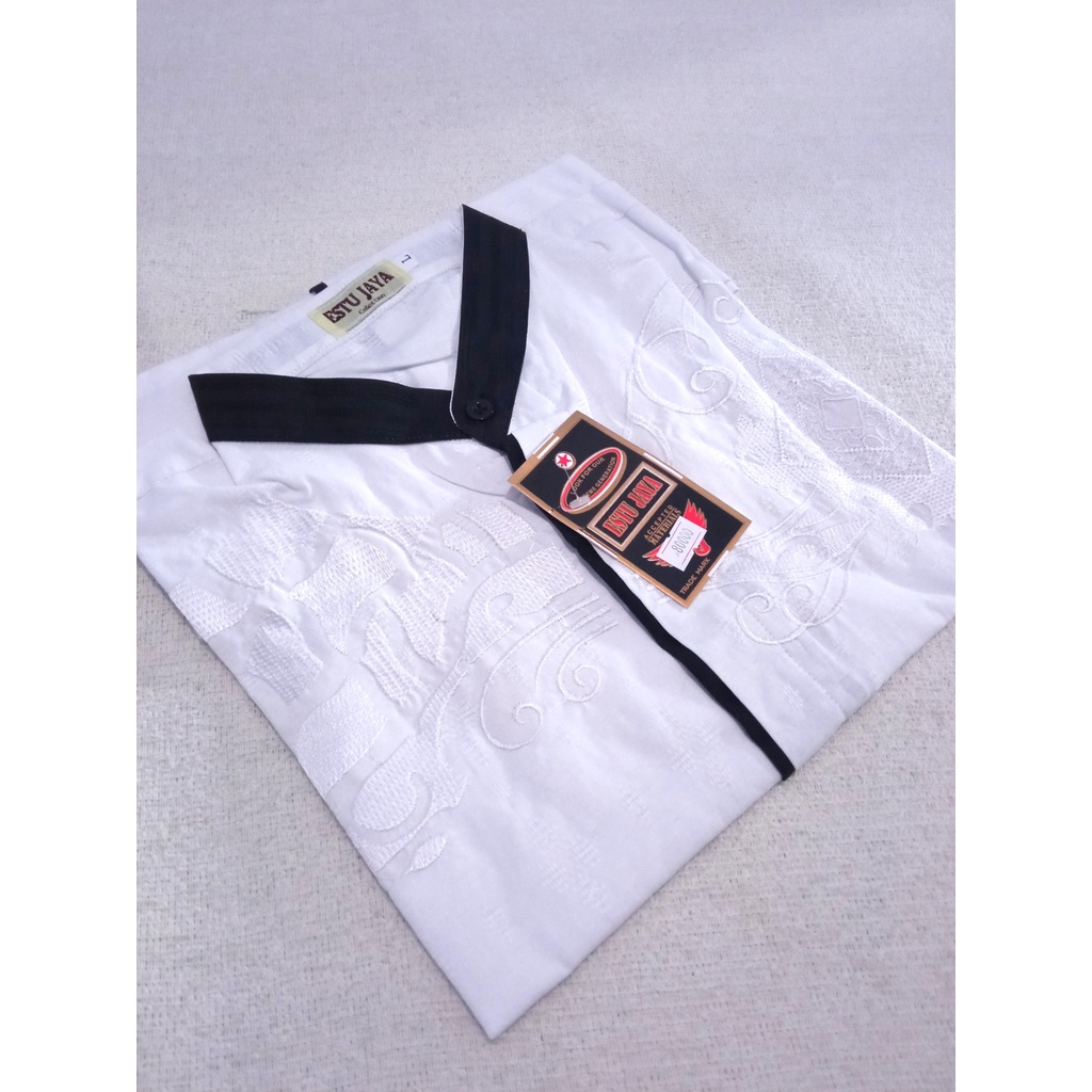 KEMEJA MUSLIM PRIA KOKO TAQWA BORDIR LENGAN PANJANG PUTIH ESTU JAYA LIST HITAM