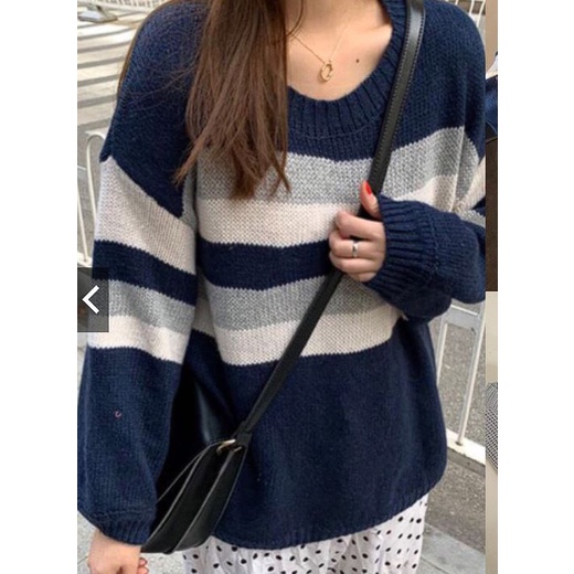 HOPYLOVY - Sweater Rajut Halus Atasan Wanita List Stripe Angela