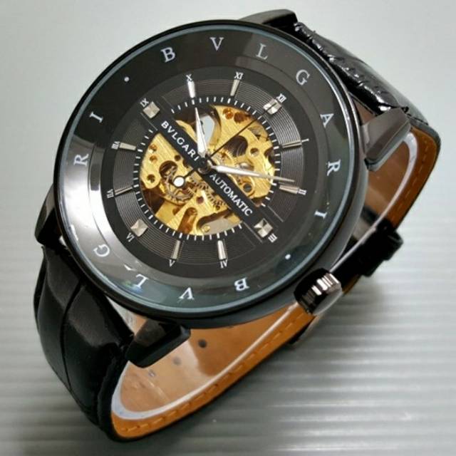 Jam Tangan Pria / Cowok Bvlgari Skeleton Strip Leather Full Black