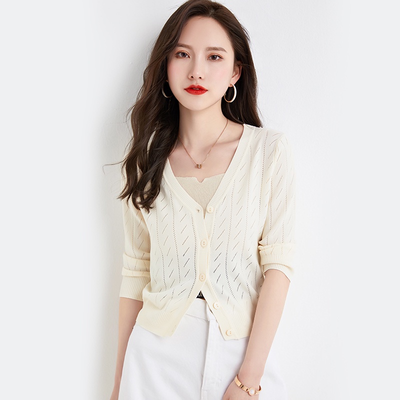 【Elegant】Korean Soft Button Knited Long Sleevee V-Neck T-Shirt 7483