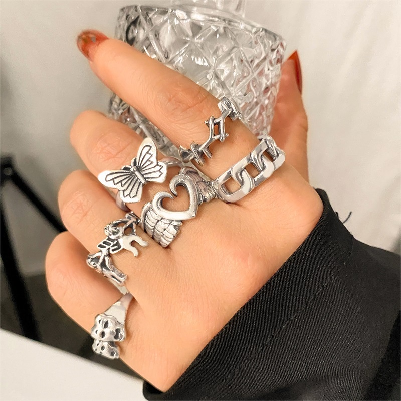 6 piece set opening adjustable personality ring skull exaggerated joint ring Cupid love butterfly ring For women