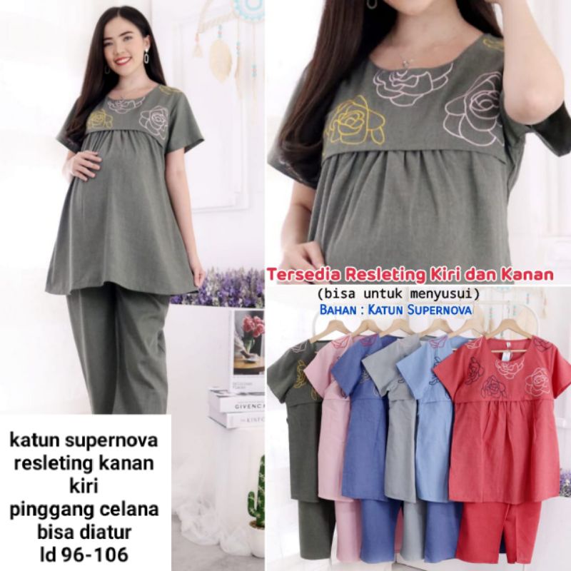 Setelan baju hamil menyusui maternity lengan pendek celana ponggol brokat katun resleting menyusui