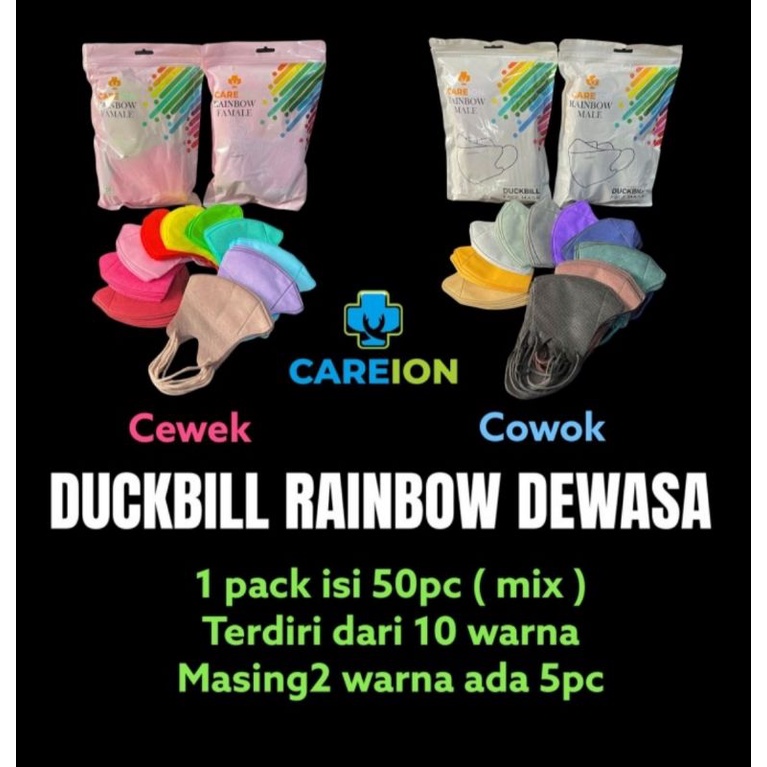 MASKER DUCKBILL 3PLY CAREION RAINBOW ISI 50 PCS DUCKBILL DEWASA RAINBOW