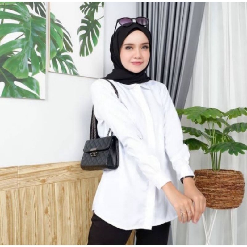 Kemeja wanita Putih Baju Kemeja Wanita Casual Hem Polos Cewek Kerja Kantoran Kuliah Kekinian Terbaru-Putih