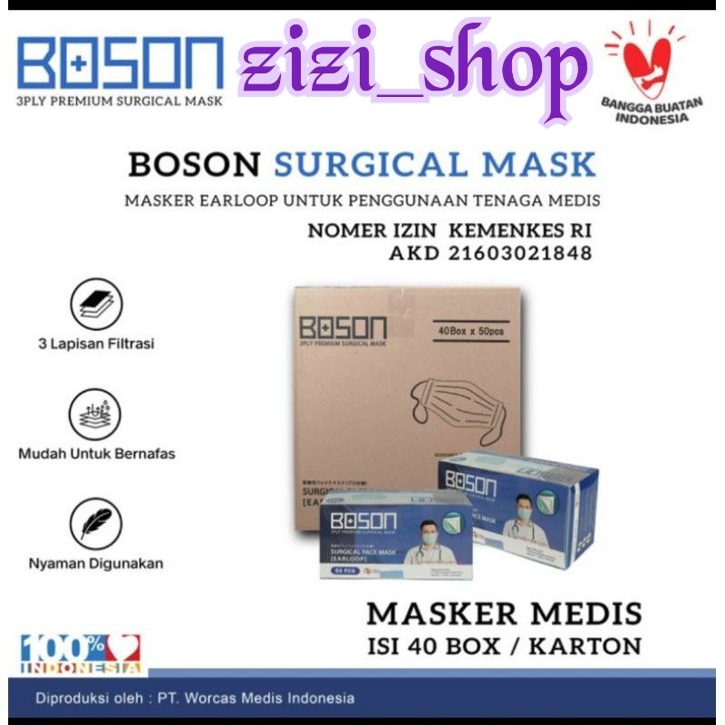 BOSON Surcigal Masker Earloop Medis 3Ply 1 Karton isi 50 Lembar