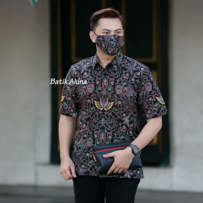 Batik Pria Lengan Pendek Premium Prabuseno Keris modern free masker Aluna SKU 019-6