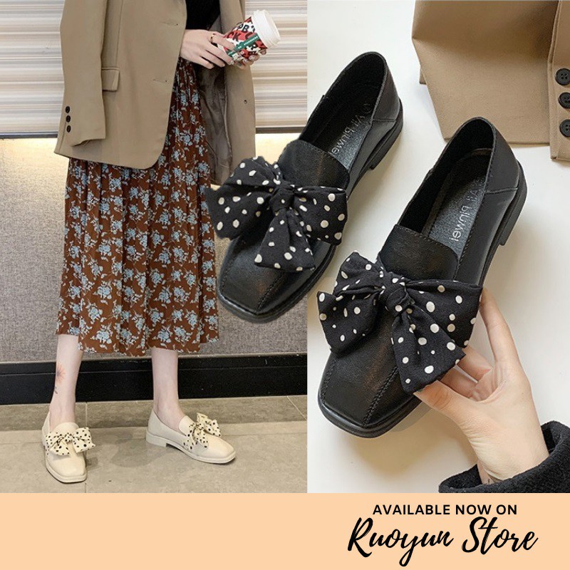 RYS - Dot Bowknot Sepatu Loafers Wanita Fashion Casual - Ori Import