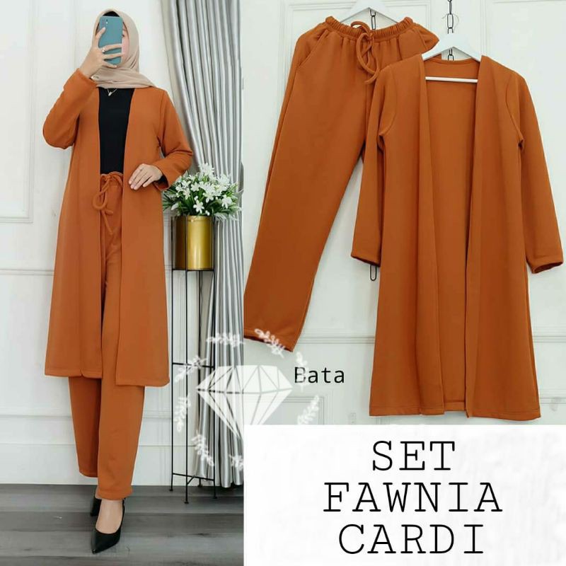 PCS SET FAWNIA FASHION PAKAIAN WANITA SETELAN OUTER CARDI DAN CELANA MOSCREPE KR ADA VIDEO REVIEW ASLI PRODUK