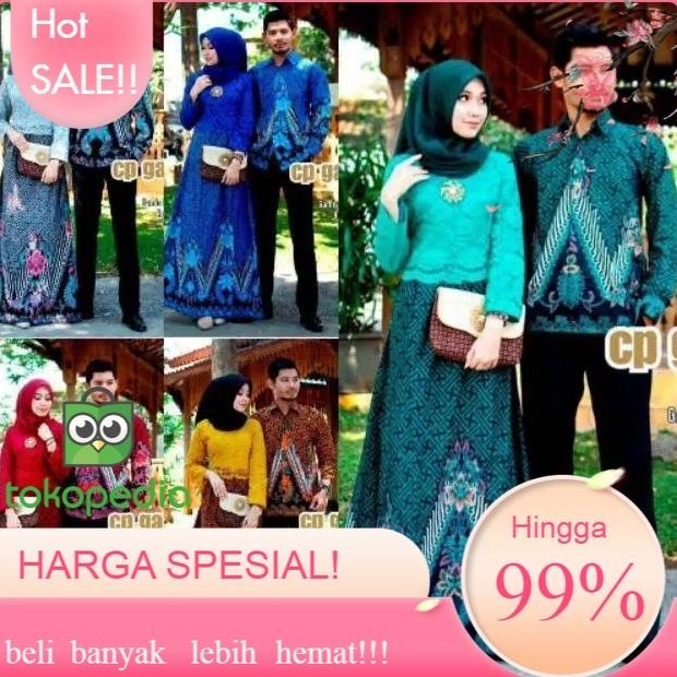 Gkdal7 Couple Gamis Batik Kombinasi Brukat Sarimbit Baju Batik Wanita - Biru